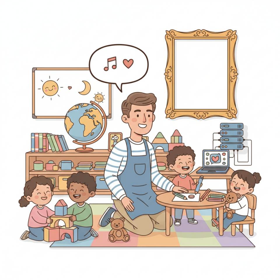 Comic illustration of an educator playing and crafting with children in a daycare centre
