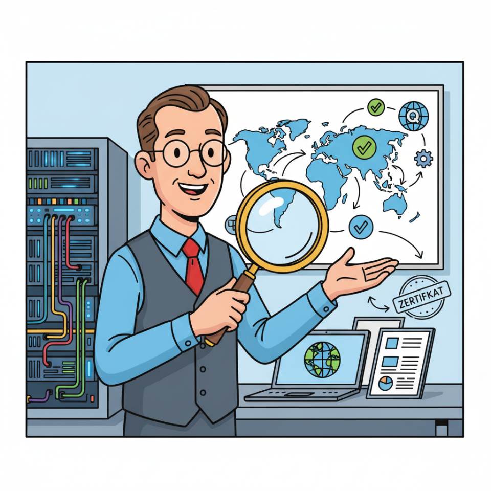 Ilustración cómic de un gestor de calidad con panel de KPI, checklist de auditoría, diagrama de procesos y tablero CAPA en una oficina de calidad moderna